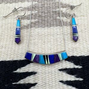 Native American Sterling Turquoise Multi Stone Inlay Necklace Earrings Set